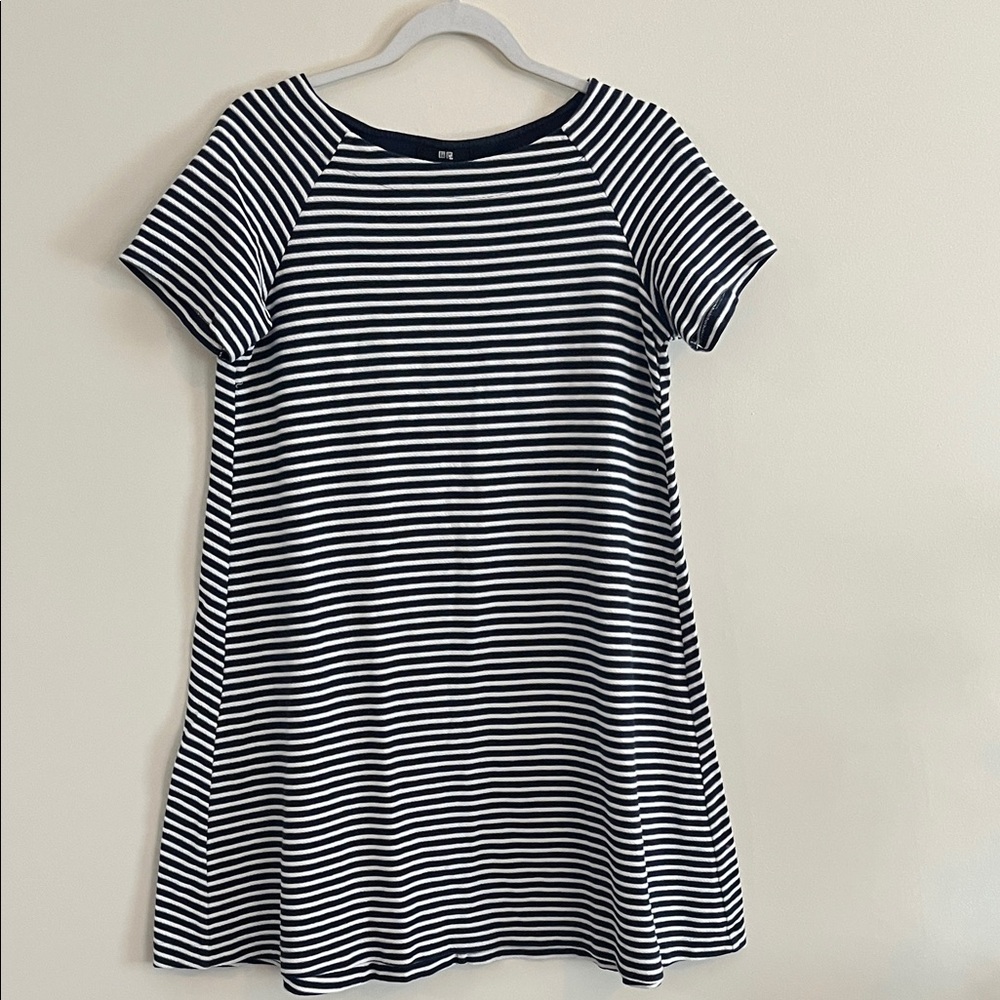 Uniqlo Cotton Striped Dress Nautical Preppy Casual Navy Blue White Textured S